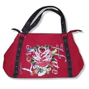 Red tattoo rose canvas love hate rhinestone studdes bag